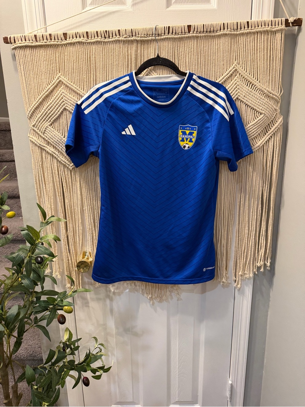 adidas Blue Short Sleeve Soccer Jersey with White Stripes